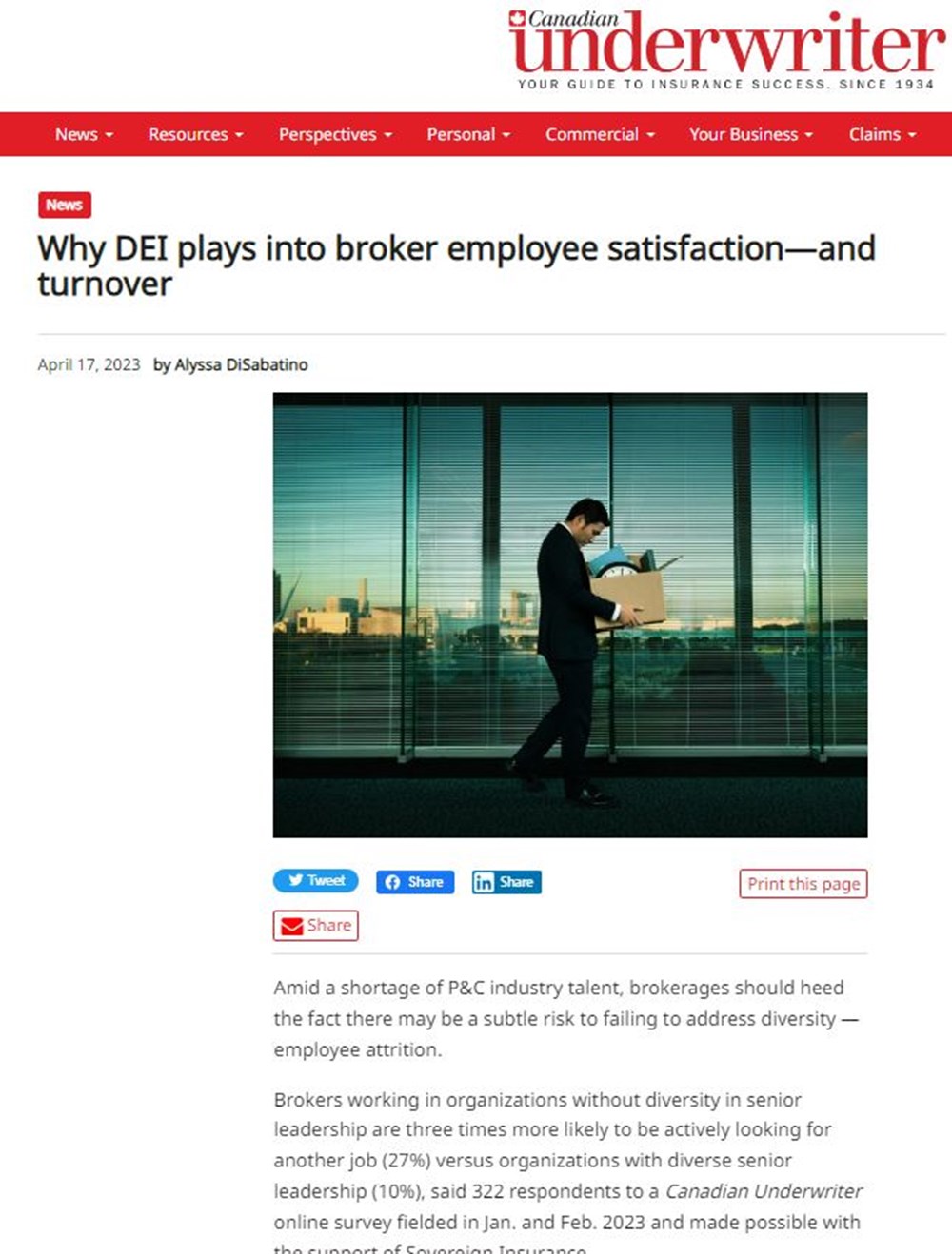 Une capture d'écran de l'article en anglais "Why DEI plays into broker employee satisfaction—and turnover"
